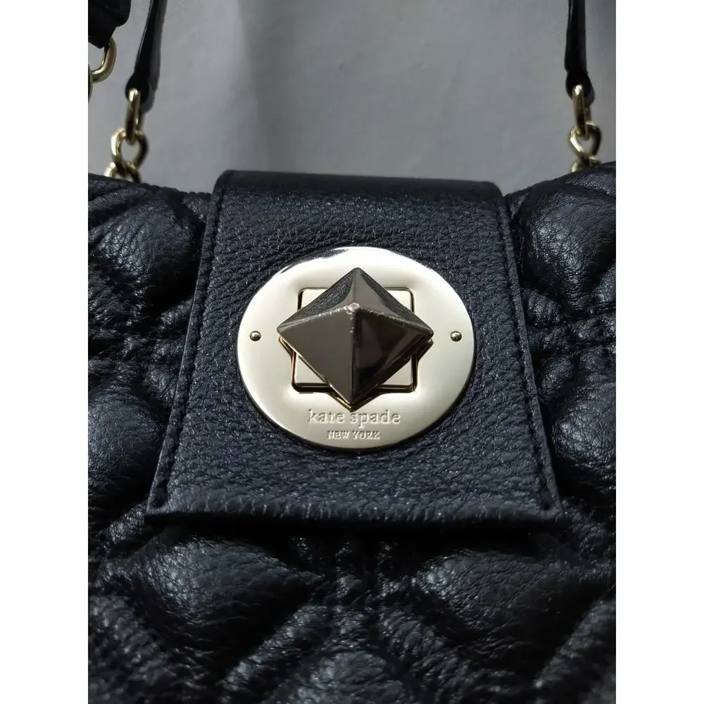 Kate Spade Black Leather Quilted Chain Strap Turnlock Satchel Shoulder Bag